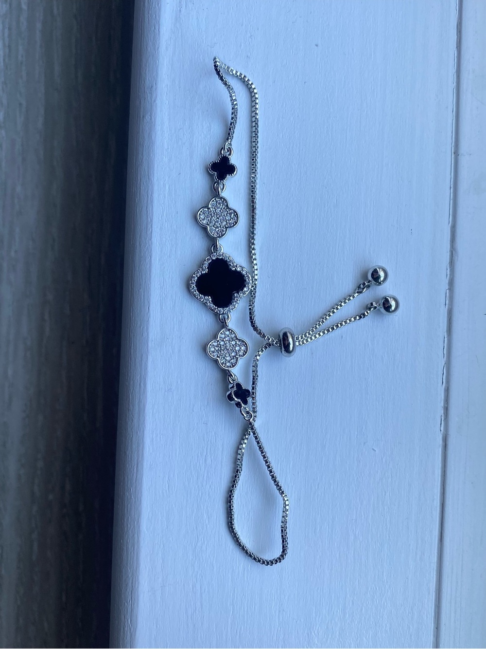 Sterling Silver Black Clover Slide Bracelet with Crystal Accents